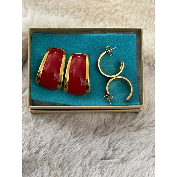 Vintage Avon Gold Tone Red Enamel Semi-Hoop Earrings - 2 Pairs - Picture 12 of 12